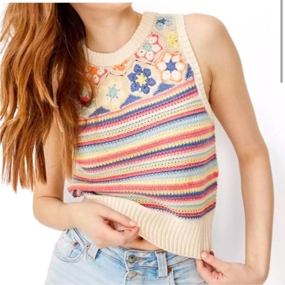 American Eagle Crochet Floral Stripe Knit Sweater Tank Cream Boho Cottagecore M